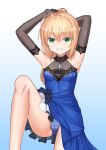  1girl absurdres armpits arms_up artoria_pendragon_(all) bangs blonde_hair blue_dress blue_panties breasts dress elbow_gloves eyebrows_visible_through_hair fate/grand_order fate_(series) gloves gradient gradient_background green_eyes happycloud highres long_hair panties ponytail saber small_breasts smile solo underwear 