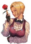  1girl bangs black_gloves blonde_hair blue_eyes bow bowtie breasts earrings flower gloves hair_over_one_eye half_gloves hungry_clicker jewelry king_(snk) long_sleeves looking_at_viewer looking_to_the_side red_flower red_rose rose short_hair sleeves smile solo the_king_of_fighters the_king_of_fighters_xv 