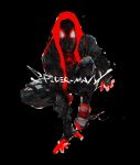  1boy absurdres black_background faux_traditional_media highres hironakata hood hood_up hoodie jumping male_focus marvel miles_morales papercraft_(medium) red_hoodie shoes sneakers solo spider-man:_into_the_spider-verse spider-man_(miles_morales) spider-man_(series) unconventional_media 