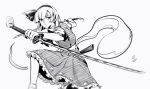  1girl belt bob_cut bow bowtie cherry_blossoms collared_shirt eyebrows_visible_through_hair hair_ribbon hairband highres hitodama_print katana konpaku_youmu konpaku_youmu_(ghost) looking_to_the_side monochrome pouty_lips reverse_grip ribbon serious sheath shirt short_hair short_sleeves simple_background skirt socks solo sword touhou vest wakizashi weapon white_background white_shirt you33ou 