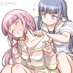  2girls artist_name blue_hair blush braid closed_eyes flying_sweatdrops long_hair magia_record:_mahou_shoujo_madoka_magica_gaiden mahou_shoujo_madoka_magica massage multiple_girls nanami_yachiyo open_mouth pink_hair shoulder_massage studiozombie tamaki_iroha yuri 