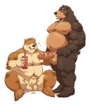  &lt;3 2021 absurd_res anthro balls black_body black_fur blush bodily_fluids brown_body brown_fur duo erection eyes_closed fur genital_fluids genitals hi_res jumperbear kemono male male/male mammal musclegut overweight overweight_male penis precum sitting tongue tongue_out ursid 