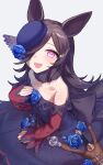  1girl :d animal_ears bangs bare_shoulders black_bow black_hair blue_dress blue_flower blue_headwear blue_rose bow commentary_request dagger dress flower grey_background gudrn hair_over_one_eye hat hat_flower highres horse_ears long_hair long_sleeves looking_at_viewer off-shoulder_dress off_shoulder open_mouth petals pink_eyes rice_shower_(umamusume) rose simple_background sleeves_past_wrists smile solo tilted_headwear umamusume very_long_hair weapon 
