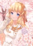  1girl bangs blonde_hair blue_eyes blurry blurry_background blurry_foreground bow breasts brown_bow closed_mouth collared_dress commentary_request depth_of_field dress earrings eyebrows_visible_through_hair flower fujishiro_kokoa hair_flower hair_ornament hand_up highres jewelry long_hair looking_at_viewer making-of_available medium_breasts original petals pink_flower smile solo tree very_long_hair white_dress white_flower 