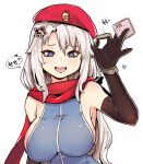  1girl 9a-91_(girls_frontline) armpits bangs beret black_gloves blue_eyes blush breasts condom elbow_gloves girls_frontline gloves hair_between_eyes hair_ornament handjob_gesture hat holding holding_condom jorin large_breasts long_hair looking_at_viewer open_mouth red_headwear red_scarf scarf shirt sideboob silver_hair sleeveless sleeveless_shirt solo speech_bubble star_(symbol) star_hair_ornament translation_request upper_body white_background 