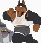  2021 2d_animation animated anthro blinking blush bodily_fluids bottomwear bouncing_bulge bouncing_pecs bulge canid canine canis clothed clothing dobermann domestic_dog duo exercise felid hi_res hyaku_(artist) loop male mammal muscular muscular_anthro muscular_male nipple_piercing nipples pecs piercing pinscher running shirt shorts simple_background solo_focus stare sweat tank_top tattoo topwear treadmill wet wet_clothing white_background workout 