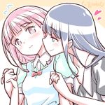  2girls artist_name blue_hair flying_sweatdrops heart holding_hands long_hair magia_record:_mahou_shoujo_madoka_magica_gaiden mahou_shoujo_madoka_magica multiple_girls nanami_yachiyo pink_hair studiozombie tamaki_iroha upper_body wavy_mouth yuri 