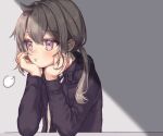  1girl =3 ahoge bamyamsj bangs elbows_on_table girls_frontline grey_hair hair_between_eyes hand_on_own_chin head_rest jacket long_hair long_sleeves looking_away m200_(girls_frontline) necktie purple_eyes shadow sigh solo upper_body 