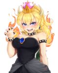  1girl artist_name black_dress blonde_hair blue_eyes bowsette bracelet claw_pose collar commentary crown dress english_commentary fingernails fire hand_up highres horns jewelry kureihii light_blush looking_at_viewer mario_(series) new_super_mario_bros._u_deluxe sharp_fingernails sharp_teeth solo spiked_armlet spiked_bracelet spiked_collar spiked_tail spikes super_crown tail teeth twitter_username 