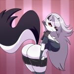  anthro big_breasts big_butt black_body black_fur breasts butt canid canid_demon clothed clothing collar demon female fur hair hellhound helluva_boss hi_res huge_breasts huge_butt lonbluewolf loona_(vivzmind) mammal pants_down partially_clothed pupils red_sclera silver_hair solo white_body white_fur white_pupils 