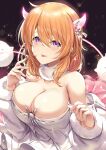  armpit_crease bare_shoulders breasts cleavage dust_particles fur-trimmed_sleeves fur_trim gochuumon_wa_usagi_desu_ka? hair_between_eyes hair_ornament highres horns hoto_cocoa ks_(xephyrks) large_breasts looking_at_viewer medium_hair orange_hair purple_eyes tongue tongue_out 