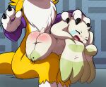  bodily_fluids butt digimon digimon_(species) duo female fur hi_res lkiws male male/female renamon spanking tears terriermon yellow_body yellow_fur 