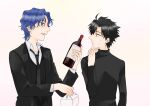  2boys ahoge alcohol black_eyes black_hair blue_eyes blue_hair bottle brothers fate/zero fate_(series) formal matou_byakuya matou_kariya multiple_boys necktie ronpaxronpa short_hair siblings smile suit sweater turtleneck turtleneck_sweater wavy_hair wine wine_bottle younger 