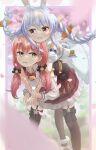  2girls absurdres animal_ear_fluff animal_ears asakura_(asa_t77) bell blue_hair blurry blurry_background blurry_foreground bow bowtie braid brown_legwear bunny_ears carrot_hair_ornament cherry_blossoms commentary_request detached_sleeves dress eyebrows_visible_through_hair feet_out_of_frame food_themed_hair_ornament garter_straps green_eyes hair_bell hair_between_eyes hair_ornament hair_ribbon head_on_head highres hololive hug hug_from_behind jingle_bell leaning_forward leaning_on_person leg_ribbon long_sleeves looking_at_viewer looking_to_the_side low_twintails multiple_girls neck_bell open_mouth pantyhose partial_commentary petals pink_hair red_neckwear red_skirt ribbon sakura_miko shirt skirt standing standing_on_one_leg thick_eyebrows thigh_ribbon thighhighs twin_braids twintails usada_pekora virtual_youtuber white_dress white_shirt wrist_grab zettai_ryouiki 