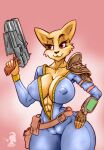  abs anthro armor athletic bethesda_softworks big_breasts breasts camel_toe cleavage clothed clothing colored domestic_cat fallout felid feline felis female gun hand_on_hip hi_res holding_object holding_weapon huge_breasts jumpsuit katia_managan mammal muscular navel nipple_outline pip-boy prequel ranged_weapon simple_background solo the_elder_scrolls thick_thighs tight_clothing vault_suit verakultura video_games weapon webcomic wide_hips 