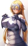 1girl absurdres armor armored_dress blonde_hair blue_eyes blush breasts chain covered_nipples fate/grand_order fate_(series) fur_trim gauntlets headpiece highres huge_breasts impossible_armor jeanne_d&#039;arc_(fate) jeanne_d&#039;arc_(fate)_(all) long_hair plackart solo tiri_man upper_body very_long_hair 