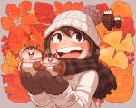  1girl autumn_leaves beanie black_eyes black_hair blush chipmunk coat ginkgo_leaf gloves grey_background hands_up hat knit_hat kohei_nakaya long_hair long_sleeves nut_(food) open_mouth original plaid plaid_scarf scarf smile solo squirrel upper_body white_coat white_headwear 