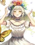  1girl :d absurdres arms_up bangs bare_shoulders blonde_hair bloom blue_flower blush breasts bug butterfly collar commentary dampi dress english_commentary eyebrows_visible_through_hair flower head_wreath highres huge_filesize insect large_breasts leaf long_hair looking_at_viewer off-shoulder_dress off_shoulder open_mouth orange_flower original pink_flower puffy_short_sleeves puffy_sleeves red_flower short_sleeves smile solo white_collar white_dress white_flower yellow_eyes 