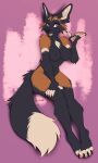  2021 4_toes 5_fingers ailuranthropy anthro black_body black_fur breasts brown_body brown_fur canid canine digital_media_(artwork) featureless_breasts feet female fingers fox fur looking_at_viewer mammal nude open_mouth purple_eyes smile solo teeth toes tongue wesley_(suave_senpai) 