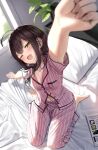  1girl ahoge arm_up barefoot bed_sheet breasts brown_hair cleavage commentary_request fingernails highres indoors long_hair looking_at_viewer medium_breasts navel one_eye_closed open_mouth original pajamas pillow sitting solo striped superpig vertical_stripes wariza 