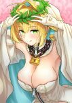  1girl absurdres ahoge armpits arms_up bangs bare_shoulders blonde_hair blush breasts chain cleavage detached_collar detached_sleeves double_v elbow_gloves fate/extra fate/extra_ccc fate/grand_order fate_(series) full-length_zipper gloves green_eyes hair_between_eyes hair_intakes head_wreath highres huge_filesize ichi_yoshida large_breasts leotard licking_lips lock long_hair looking_at_viewer nero_claudius_(bride)_(fate) nero_claudius_(fate)_(all) padlock puffy_sleeves smile tongue tongue_out v veil white_gloves white_leotard wide_sleeves zipper zipper_pull_tab 