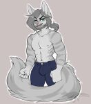  abs anthro april_fools barazoku beard bottomwear bulge clothing denim denim_clothing domestic_cat facial_hair felid feline felis fluffy fluffy_tail hair hi_res humor jeans male mammal muscular pants ponytail solo stripes trexqueen troy_lesage 