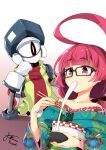  1girl 1other ahoge ahoge-chan_(ogami_kazuki) black-framed_eyewear bowl chopsticks eating glasses highres holding holding_chopsticks huge_ahoge humanoid_robot off-shoulder_kimono ogami_kazuki original red_eyes red_hair robo_(ogami_kazuki) signature 