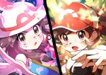  2girls absurdres bangs baseball_cap blue_shirt blush brown_eyes brown_hair commentary elaine_(pokemon) eyelashes floating_hair hat highres holding holding_poke_ball leaf_(pokemon) multiple_girls open_mouth outstretched_hand poke_ball poke_ball_(basic) pokemon pokemon_(game) pokemon_frlg pokemon_lgpe pon_yui red_headwear shirt short_sleeves sleeveless sleeveless_shirt smile splitscreen spread_fingers stadium star_(symbol) tongue white_headwear 