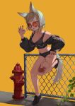  1girl absurdres animal_ears bangs bare_shoulders black_nails blonde_hair breasts cleavage fire_hydrant fox_ears fox_tail g_li highres jacket looking_at_viewer midriff navel open_mouth orange_eyes original short_hair simple_background solo sunglasses tail tattoo yellow_background 