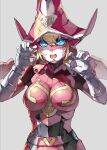  1girl blonde_hair blue_eyes breasts claw_pose grey_background hat kikai_sentai_zenkaiger mecha medium_breasts nishii_(nitroplus) open_hands open_mouth pink_headwear science_fiction solo super_sentai tokusatsu upper_body witch_hat zenkai_magine 