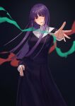  1girl absurdres asagami_(hnt16303310) asagami_fujino bangs black_background black_dress blunt_bangs blush contrapposto dress eyebrows_visible_through_hair floating_hair hand_on_hip highres kara_no_kyoukai long_hair long_sleeves looking_at_viewer nun outstretched_arms parted_lips purple_hair red_eyes shiny shiny_hair solo standing very_long_hair 