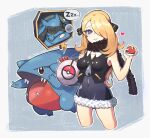  1girl bag bare_arms blonde_hair breasts bubble chung1000 commentary_request covered_navel crop_top cynthia_(pokemon) duffel_bag eyelashes gen_4_pokemon gible grey_eyes hair_ornament hair_over_one_eye holding holding_poke_ball long_hair looking_at_viewer outline parted_lips poke_ball poke_ball_(basic) pokemon pokemon_(creature) pokemon_(game) pokemon_dppt riolu scarf sleeveless younger zipper_pull_tab zzz 