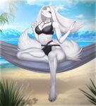  2021 4_toes 5_fingers amur anthro breasts canid canine clothed clothing day detailed_background digital_media_(artwork) eyebrows eyelashes feet female fingers fur hair hammock hi_res mammal outside pale_eyes sky smile solo toes white_body white_fur white_hair white_nose 