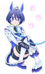  1girl akira_howard astral_chain blush boots chain gloves hair_ornament hanamori00 highres jacket long_sleeves looking_at_viewer police police_uniform short_hair shorts simple_background smile solo uniform white_background 