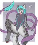 2021 anthro black_spots blue_hair breasts clothed clothing digital_media_(artwork) ezcett feet felid female fingers fur green_eyes grey_body grey_fur hair hi_res looking_at_viewer mammal open_mouth pantherine smile snow_leopard solo spots spotted_body spotted_fur teeth toes tongue 