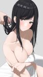  1boy 1girl black_eyes black_hair blush breasts censored closed_mouth collarbone eyebrows_visible_through_hair grey_background hairjob hetero highres kaminari_doon large_breasts long_hair mosaic_censoring nude original penis simple_background sitting solo_focus 