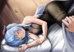  bed blue_hair blush dvdraw ganyu_(genshin_impact) genshin_impact horns long_hair sleeping 