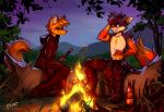  2021 anthro breasts canid canine cheese clothed clothing dairy_products detailed_background digital_media_(artwork) do dragonfu duo feet female fingers fire food hi_res male mammal night outside sitting sky smile star starry_sky toes 