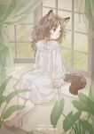  1girl animal_ears brown_hair cat_ears cat_tail claws curtains furry fuuka_(fukasheu) highres indoors long_sleeves medium_hair nightgown original plant tail window 