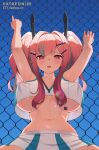  1girl arms_up azur_lane bangs breasts bremerton_(azur_lane) bremerton_(scorching-hot_training)_(azur_lane) chain-link_fence crop_top ett fence hair_ornament hairclip headgear highres large_breasts looking_at_viewer multicolored_hair navel no_bra official_alternate_costume open_mouth patreon_username pink_eyes pink_hair shirt skirt sleeveless sleeveless_shirt solo streaked_hair sweat twintails underboob upper_teeth white_shirt x_hair_ornament 