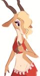  2021 antelope anthro blonde_hair bovid clothed clothing crop_top disney female gazelle gazelle_(zootopia) hair hi_res horn mammal midriff navel shirt simple_background solo tohupo topwear white_background zootopia 