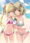  2girls bare_arms bare_shoulders beach bikini blonde_hair blue_eyes blurry blurry_background breasts brown_eyes cleavage collarbone cup day double_bun drinking drinking_glass drinking_straw emily_(pure_dream) flat_chest frilled_bikini frills hair_ribbon holding ice ice_cube large_breasts light_brown_hair long_hair multiple_girls navel outdoors pan_de_peace! pink_bikini ribbon side-tie_bikini standing stomach summer swimsuit twintails white_ribbon 