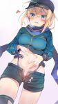  1girl ahoge aqua_eyes artoria_pendragon_(all) baseball_cap black_headwear black_legwear blonde_hair blue_scarf blue_shirt blue_shorts blush breasts breath cowboy_shot fate/grand_order fate_(series) groin hair_between_eyes hand_on_own_stomach hat heavy_breathing highleg highleg_panties highres lifted_by_self medium_breasts midriff mysterious_heroine_x_(fate) navel open_fly open_mouth panties purple_panties scarf shirt shirt_lift short_hair short_shorts shorts simple_background solo squiggle stomach sweat thighhighs thighs tomozero underwear white_background 