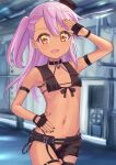  1girl absurdres arm_strap arm_up armpits asymmetrical_clothes bangs bare_shoulders belt bikini bikini_under_clothes black_bikini black_gloves black_headwear black_pants blush breasts chain chloe_von_einzbern collar collarbone cosplay dark_skin dark_skinned_female fate/grand_order fate/kaleid_liner_prisma_illya fate_(series) fingerless_gloves gloves hair_between_eyes hat highleg highleg_bikini highres jeanne_d&#039;arc_(alter)_(fate) jeanne_d&#039;arc_(alter)_(fate)_(cosplay) jeanne_d&#039;arc_(fate)_(all) long_hair looking_at_viewer micro_bikini mini_hat mystery_treasure navel one_side_up open_mouth orange_eyes pan_korokorosuke pants pink_hair sailor_collar sidelocks single_pantsleg small_breasts smile swimsuit thighs torn_clothes 