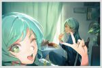  2girls ;d absurdres aqua_hair bang_dream! bangs blue_pajamas border bow braid bravo233 chair commentary crossed_legs curtains eating eyebrows_visible_through_hair fingernails food french_fries green_eyes grey_border hair_between_eyes hair_bow hand_up highres hikawa_hina hikawa_sayo holding holding_food huge_filesize indoors light_blush long_hair long_sleeves looking_at_another looking_at_viewer looking_to_the_side medium_hair multiple_girls on_chair one_eye_closed open_mouth pajamas picture_(object) picture_frame plant potted_plant selfie shiny shiny_hair siblings side_braid sisters sitting smile sunlight swept_bangs table twins upper_teeth v yellow_bow 