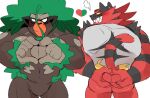  &lt;3 anthro back_muscles blush butt butt_heart duo featureless_crotch grin heart_gesture hyaku_(artist) incineroar looking_at_viewer looking_back male muscular muscular_anthro muscular_male navel nintendo pecs pok&eacute;mon pok&eacute;mon_(species) rillaboom sharp_teeth smile teeth video_games 