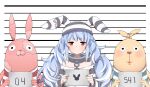  1girl animal_ears blue_hair braid bunny_ears chain collar cuffs hair_ornament highres hololive long_hair mou_niu multicolored_hair prison_clothes rabbit_girl striped twin_braids usada_pekora virtual_youtuber 