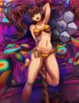  1girl absurdres arm_behind_head arm_up armpits bangs barefoot bikini breasts brown_hair cleavage dual_persona earrings floating_hair groin hair_between_eyes highres jewelry kujikawa_rise long_hair looking_at_viewer navel persona persona_4 pole_dancing ribbon shadow_rise shiny shiny_hair shiny_skin side-tie_bikini solo swimsuit toasty_scones tongue tongue_out twintails very_long_hair yellow_bikini yellow_eyes yellow_ribbon 