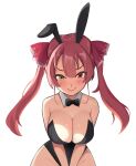  &gt;:) 1girl animal_ears bangs black_neckwear bow bowtie breasts bunny_ears cleavage detached_collar fake_animal_ears hair_between_eyes hair_ribbon heterochromia highres hololive houshou_marine large_breasts long_hair playboy_bunny red_eyes red_hair red_ribbon ribbon signature simple_background twintails user_srng5288 virtual_youtuber white_background wing_collar yellow_eyes 