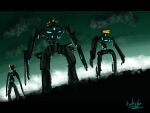  bottoms1237 cloud glowing glowing_eyes highres leaning_back looking_up mecha no_humans open_hands original science_fiction silhouette sky visor 